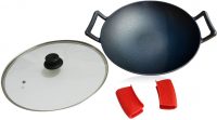 Crucible Cookware - 14in Cast Iron Wok Set with Glass Lid and Hot Handle Holders